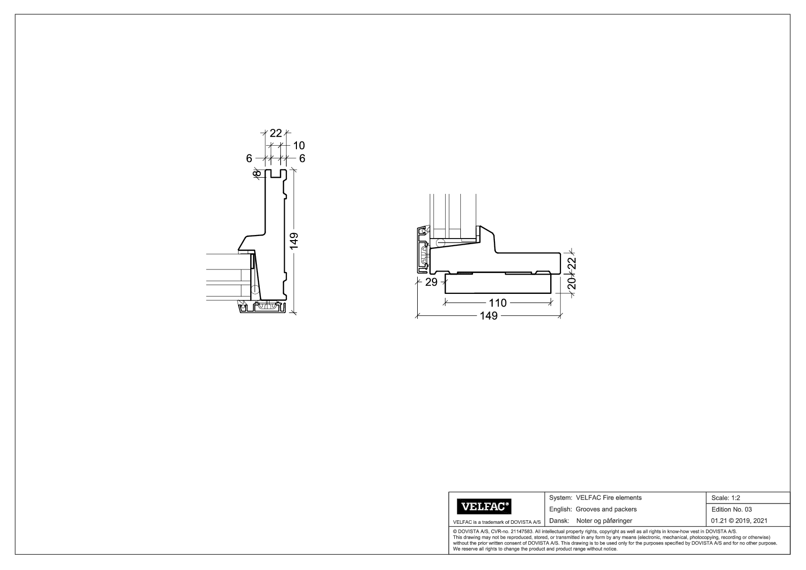 Grooves and cill packers for VELFAC Fire element